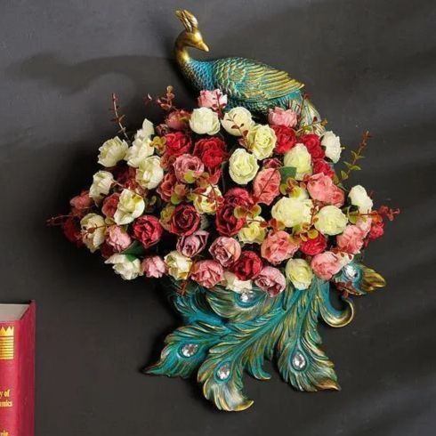 孔雀のレジンアートベースと薔薇のシルクフラワーブーケ 壁飾り 孔雀のレジンアートベースと薔薇のシルクフラワーブーケ 壁飾り