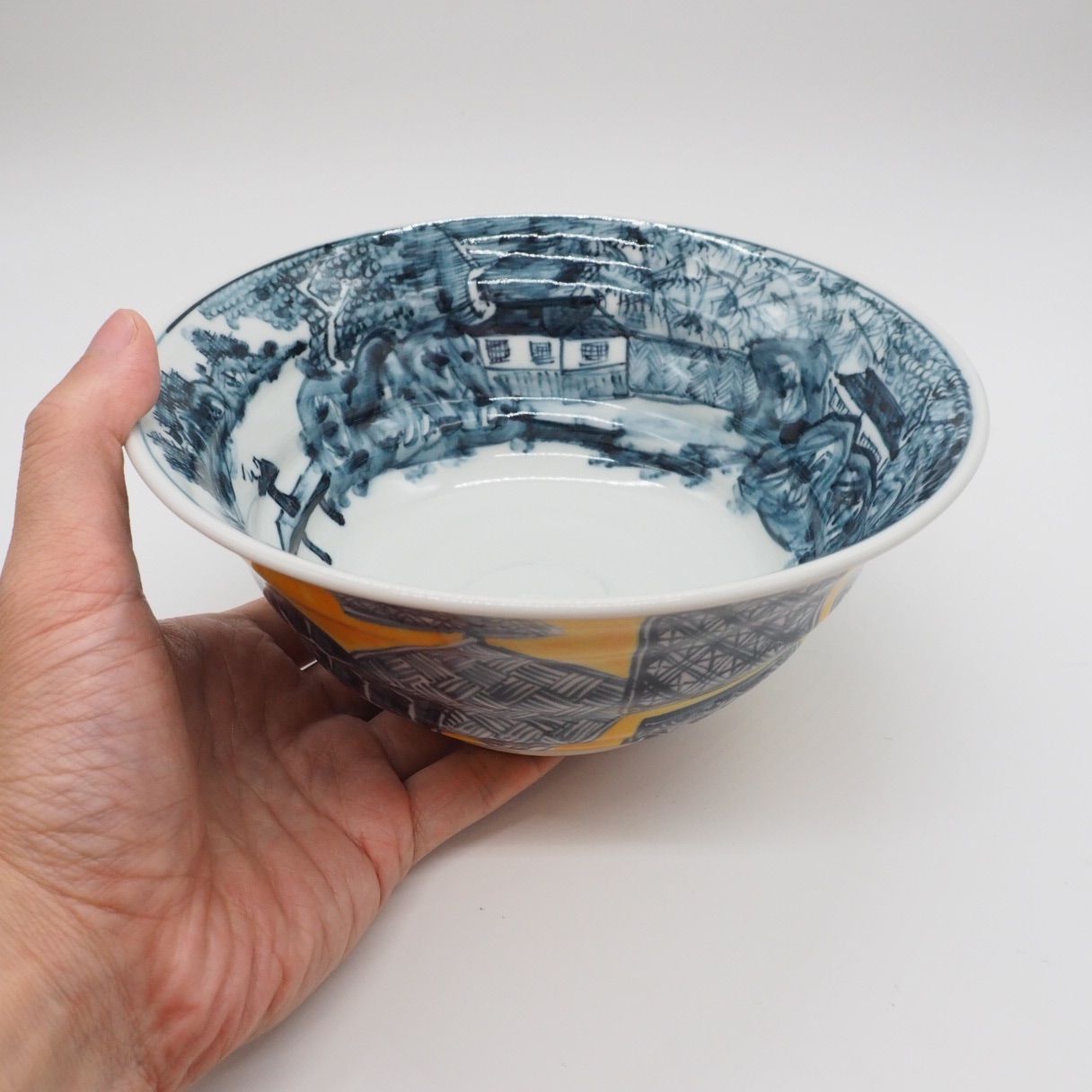 陶器　京焼　清水焼　六齋窯　村田幸之介　大鉢　黄地山水画　山水画　新品未使用品 京焼・清水焼 村田幸之介(六齋窯) 花鳥舟形カレー鉢(カレー皿