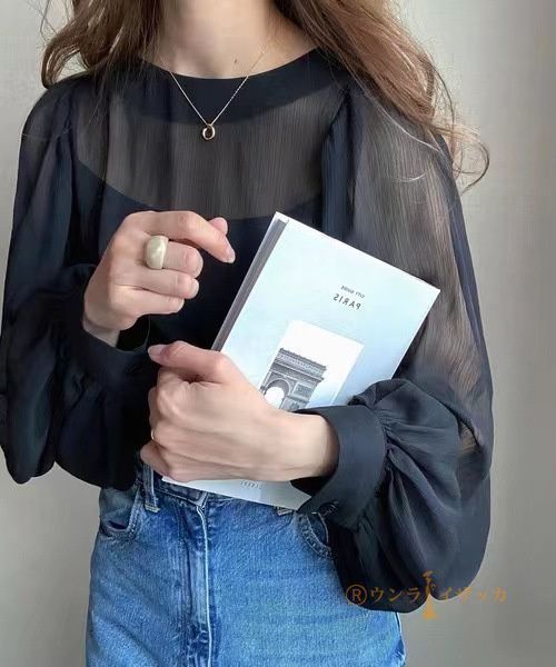 シアーブラウス バルーンスリーブ ブラウス Tシャツ Uネック