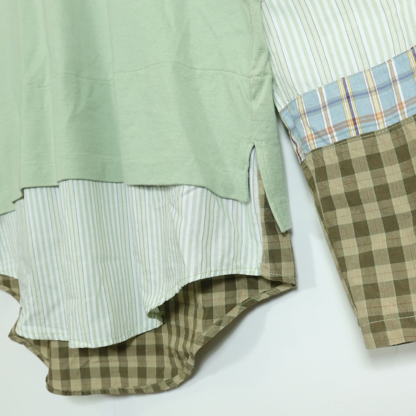 メンズカネコイサオ☆重ね着風カットソー ストライプとチェック柄の袖