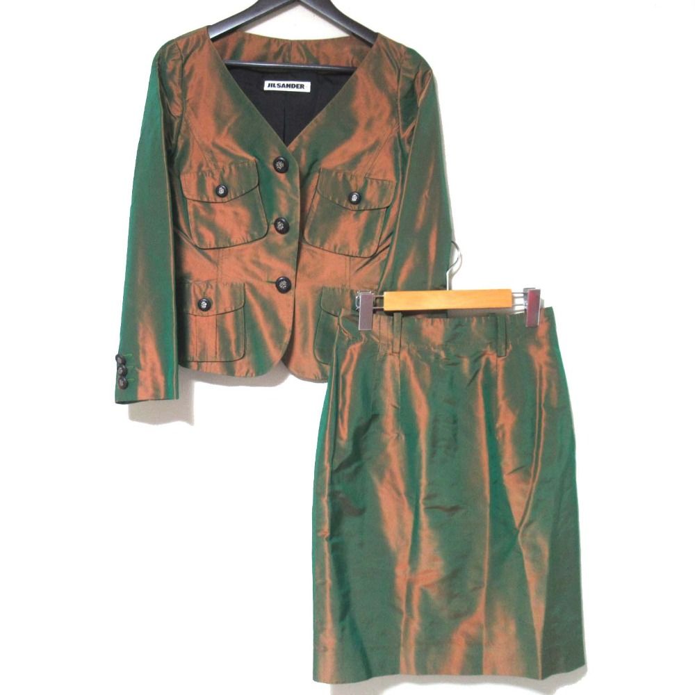 JIL SANDER ジルサンダープラス ヴィンテージ シルク ノー ジャケット スカート セットアップ 36サイズ 玉虫色 レディース 古着