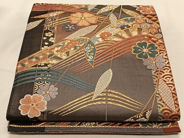 平和屋着物◎全通柄袋帯 唐織 牡丹文 銀糸 正絹 逸品 BAAS9646ow