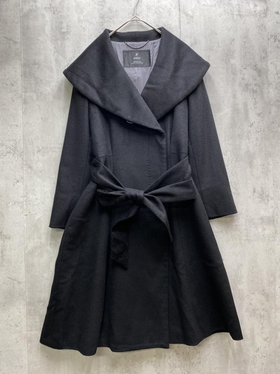 ⭐︎美品  イネド 黒 ブラックレディース ロングコート カシミア100% 9号 INED イネド カシミヤ100% ビッグカラー ロング コート 日本製