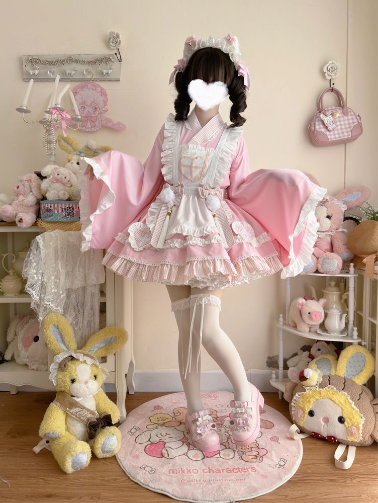和風メイドセット コスプレ デザイン 上衣＋スカート＋エプロン＋蝶結び4点セット S~Lサイズ 多色展開 ピンク ブラック