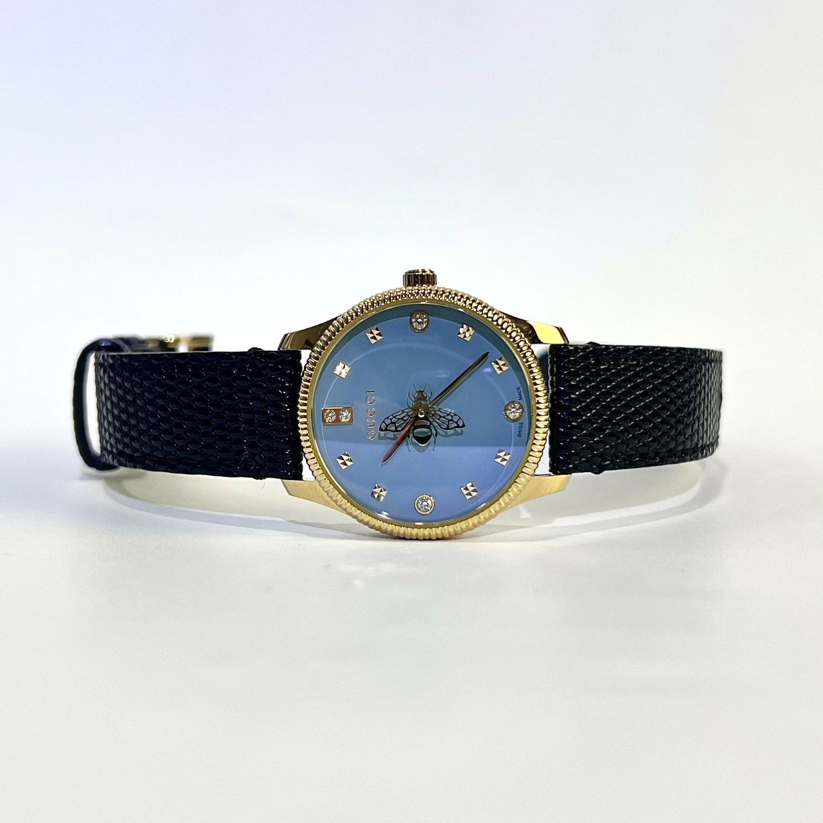 GUCCI グッチ Gタイムレス 5P ダイヤ 蜂モチーフ レディース クオーツ 青文字盤 腕時計 126.5 18169875 リザード 29mm 箱 稼働中 aua71091070913