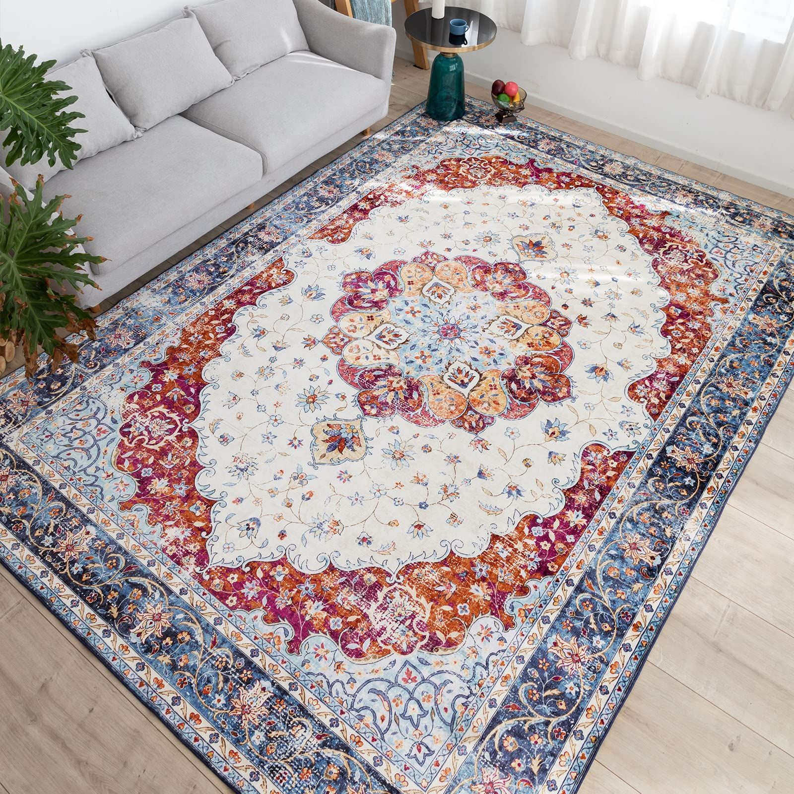 【新着商品】洗える 160x230CM 花柄 ラグ ペルシャ絨毯風 マット ふわふわ 3畳 厚手 滑り止め ブルー カーペット 撥水効果 防ダニ u-living 防臭 床暖房対応