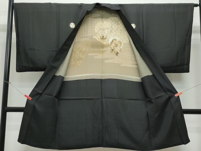 平和屋着物○男性 黒紋付 羽織セット 羽裏：七福神 正絹 逸品