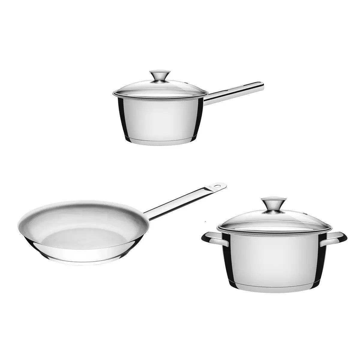 TRAMONTINA トラモンティーナ クックウェア 3点セット ステンレス製 両手鍋 片手鍋 フライパン 光沢仕上げ allegra フタ付き