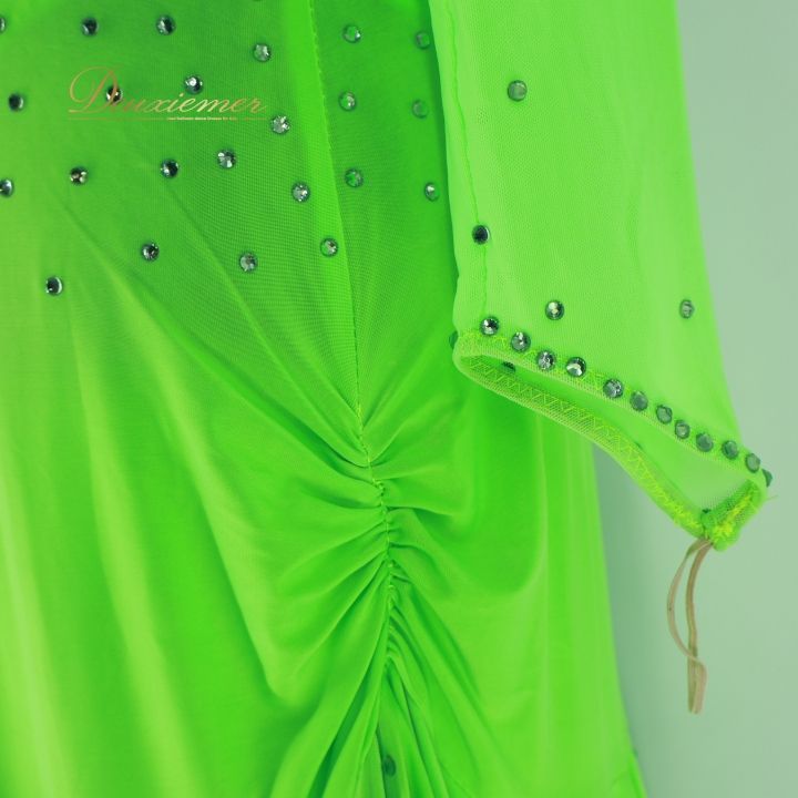 社交ダンス 衣装 ラテン ドレス ワンピース 黄緑 蛍光 デモ 競技  