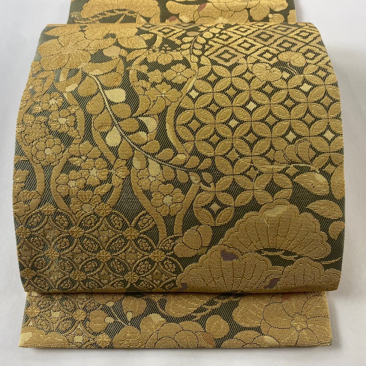 袋帯 美品 名品 落款 辻が花 松 金糸 輪奈織 灰緑 六通 正絹
