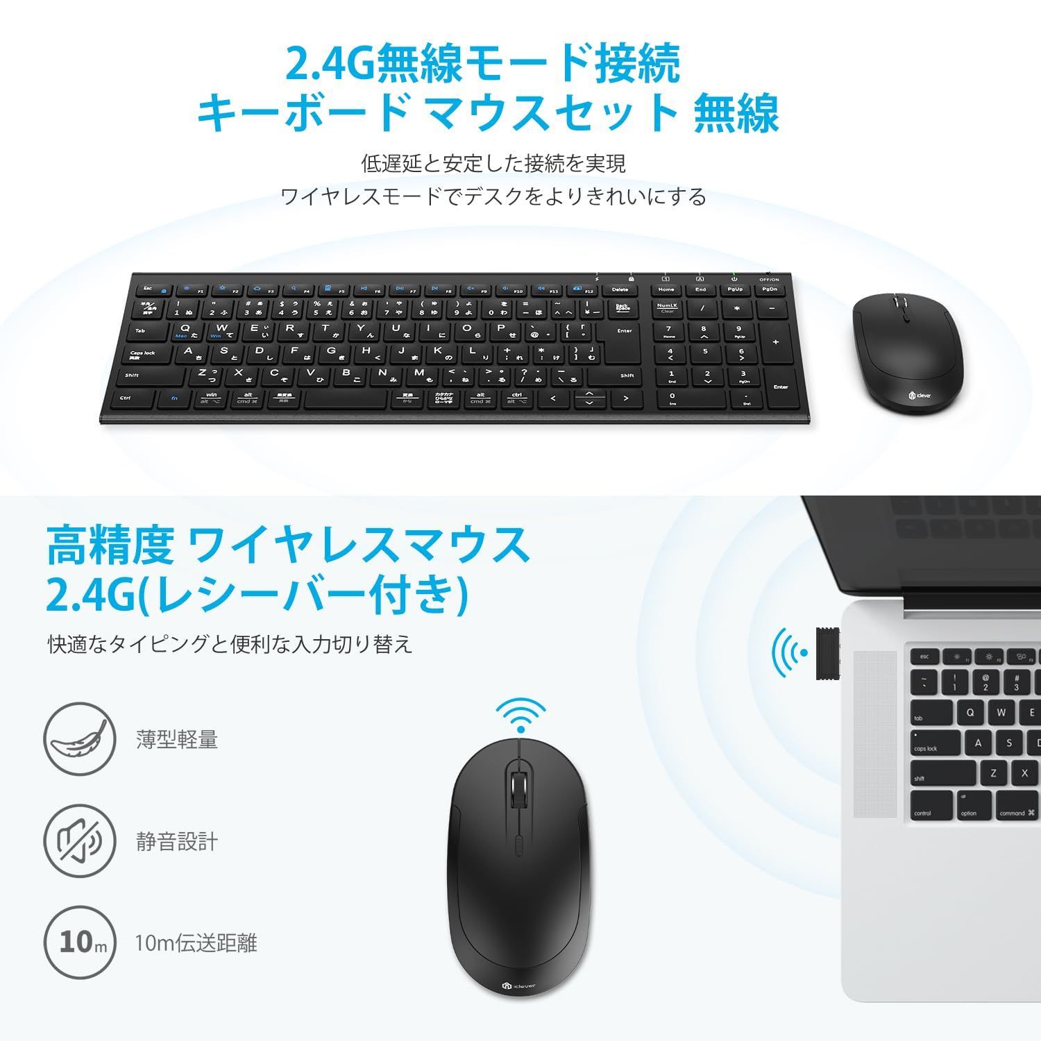 在庫セール】iClever キーボードワイヤレスキーボードマウスセット日本