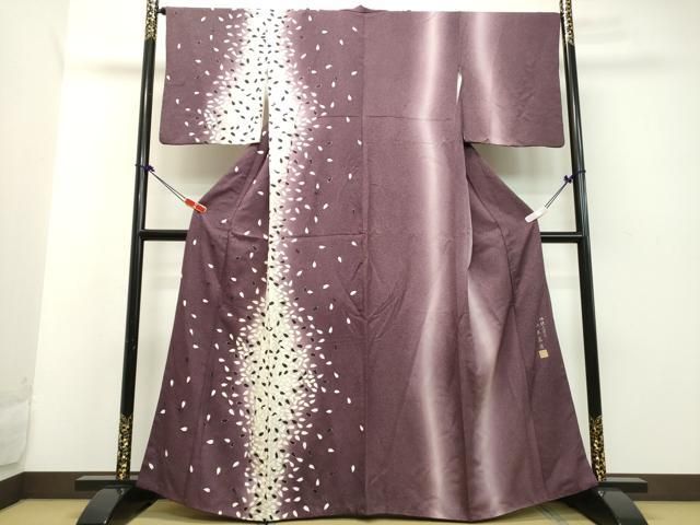 平和屋着物●伝統工芸士　山本富男　訪問着　舞桜文　暈し染め　正絹　逸品　DAAK0977ud 平和屋着物○伝統工芸士 山本富男 訪問着 舞桜文 暈し染め 正絹 逸品