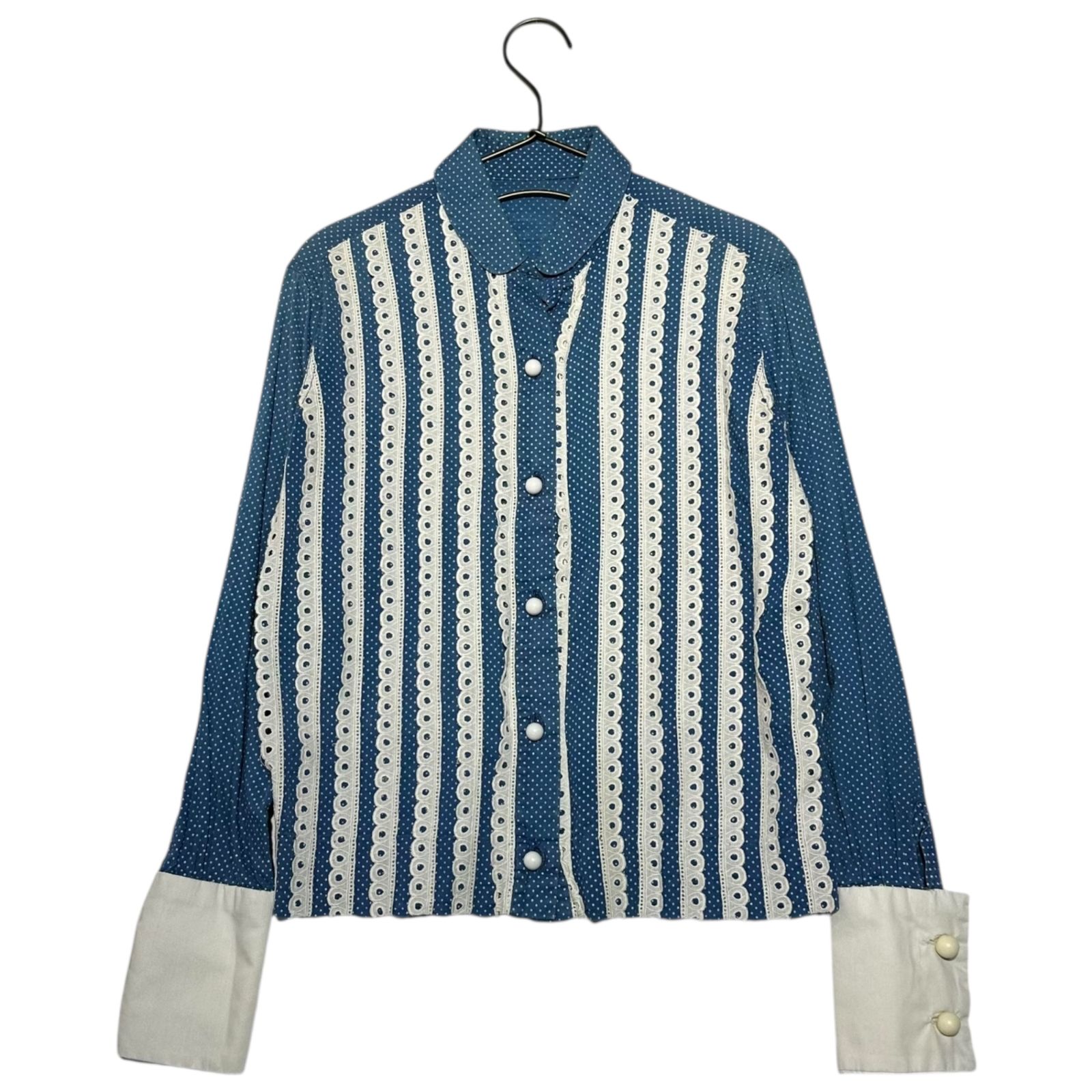 VINTAGE(ヴィンテージ) 60's glen of michigan Dot Pattern Lace Round Collar Blouse ドット柄 レース 丸襟 ブラウス ブルー×ホワイト 推定60年代 VINTAGE(ヴィンテージ) 60's glen of michigan Dot Pattern Lace