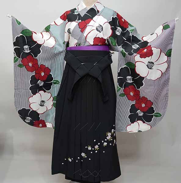 二尺袖 着物 袴フルセット ジュニア用へ直し 135～150cm ボヌールセゾン 黒×白 椿柄 袴変更 NO42130-02