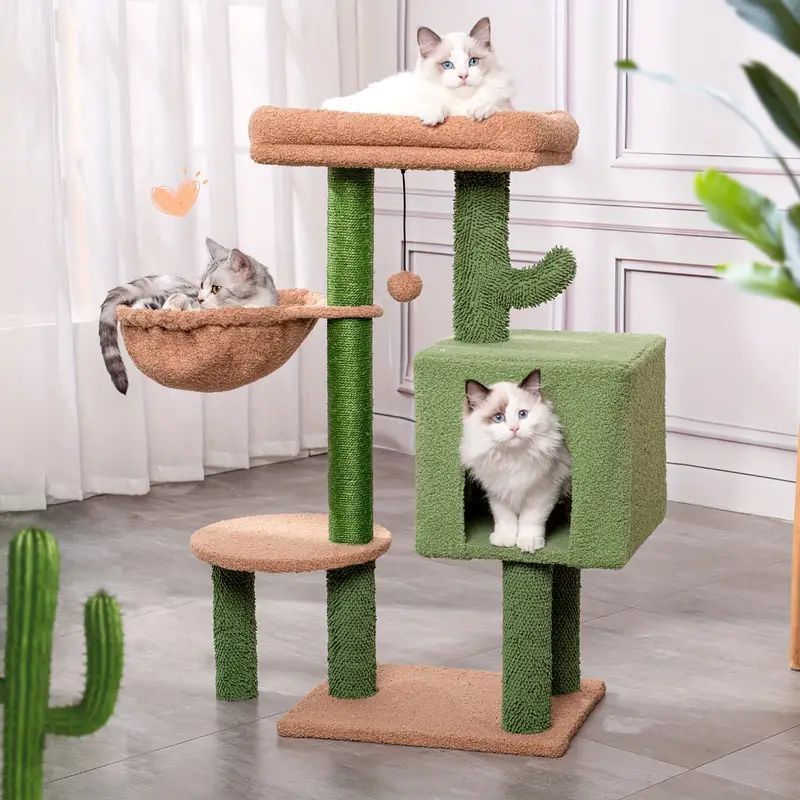 サボテンキャットツリー 猫 キャットタワー 屋内 デザイン かわいい 快適 猫用 ペット用品 登り棒 猫用品 おしゃれ ハンモック付き ハンギングボール 4-7