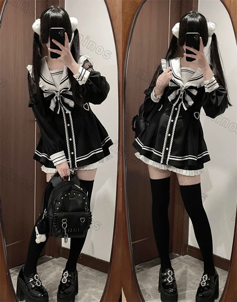 リボン ブラック 黒 襟あり 量産型 地雷系 ワンピース 長袖 スカート サブカル 服 ロリィタ 界隈 ロリータ ぴえん系 女子