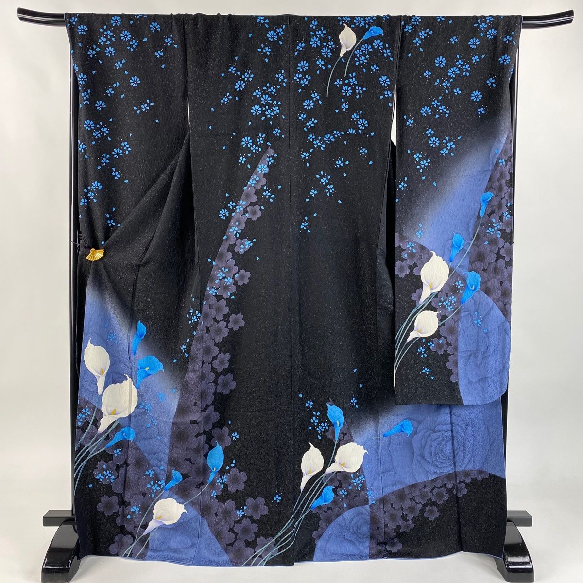 振袖 身丈169.5cm 裄丈69.5cm L 袷 桜 銀通し ぼかし 黒 正絹