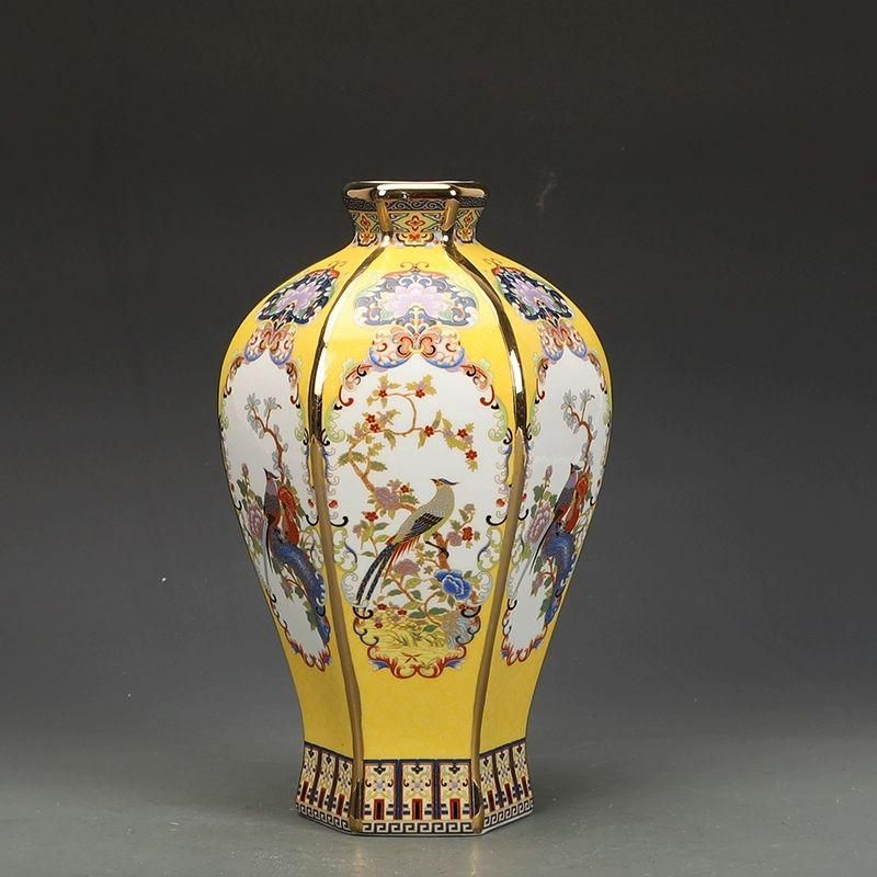 清乾隆琺瑯彩花鳥六方瓶 景徳鎮 陶磁器 装飾品 現代工芸品 美術品 置物 清乾隆磁器琺瑯彩花鳥紋六方瓶 景徳鎮 陶磁器 装飾品 現代工芸品