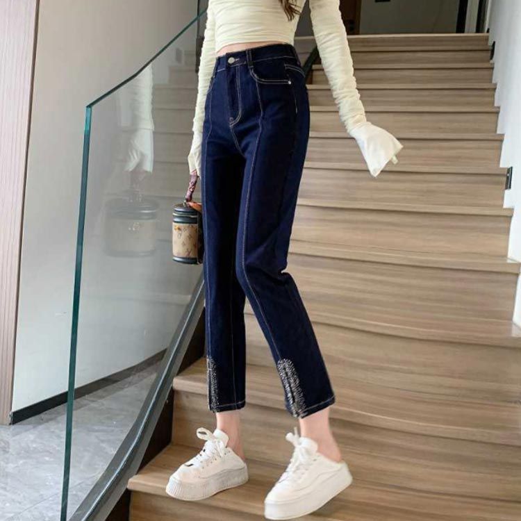 レディース ストレッチ ジーンズ スリット デニムパンツ フロントスリット入り ウェストゴム ストレートデニム ストレートパンツ クロップドパンツ パンツ キラキラ ビーズ ハイウェスト イージーパン yuzuc594838