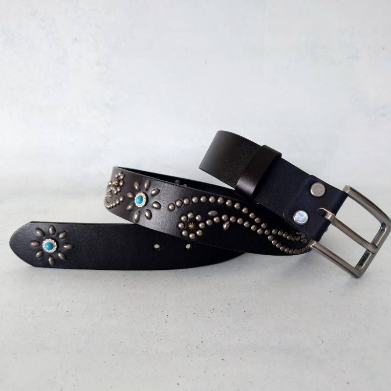 本革 牛革 フラワー スタッズベルト オリジナル アメカジ レザーベルト ターコイズ ウエスタン ブラック COW LEATHER Flower Studs belt Original TRQ BLK