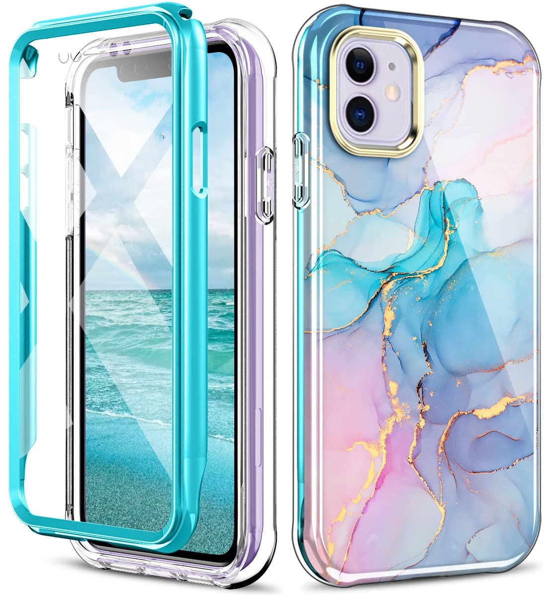 DTシリーズケース iPhone 11用ケース スクリーンプロテクター付き 軽量 スタイリッシュ フルボディ 耐衝撃 保護 頑丈なTPUケース Apple iPhone 11 6.1インチ用 マーブル柄