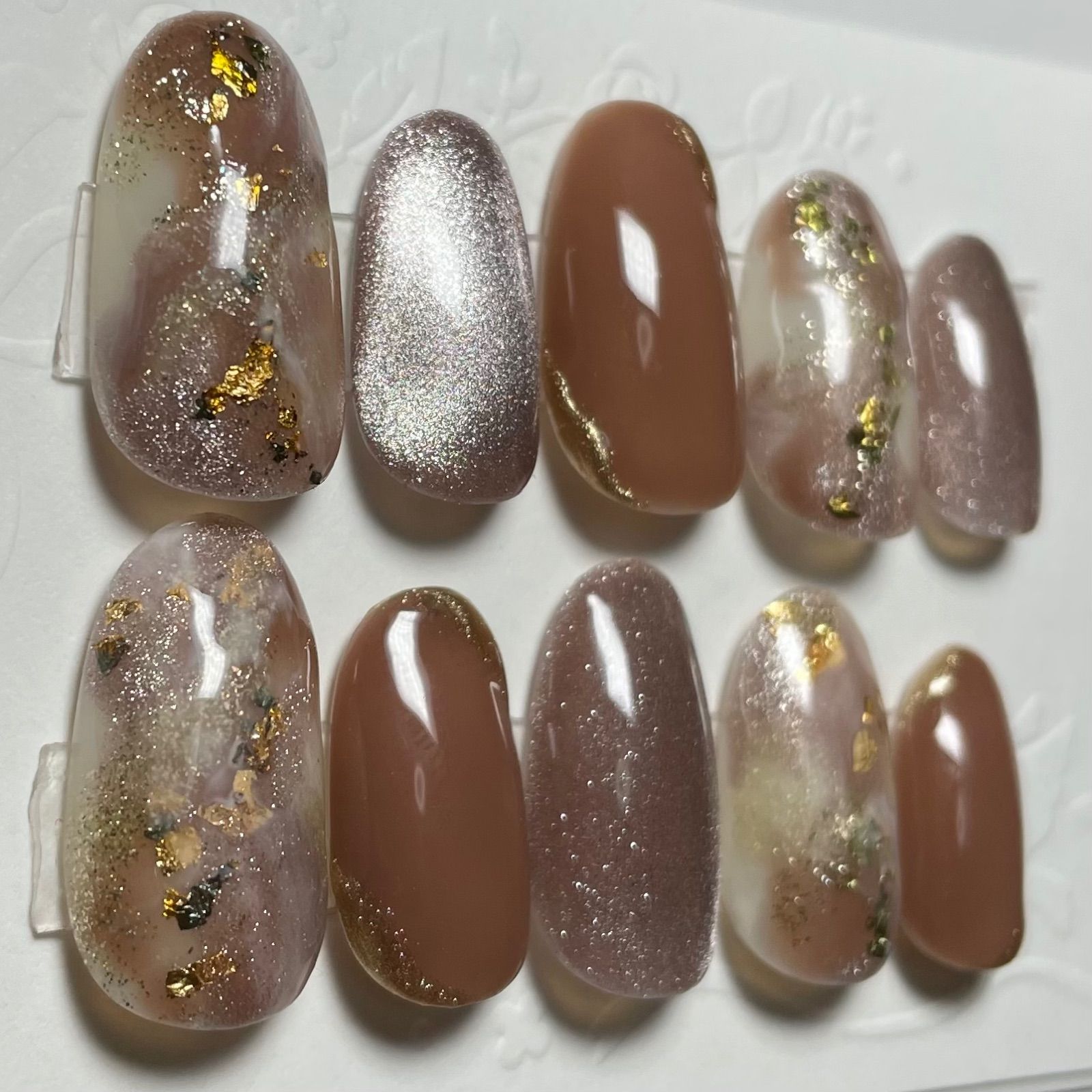 ニュアンスネイルチップ 金箔 もやもや ミラー ブラウン マグネット
