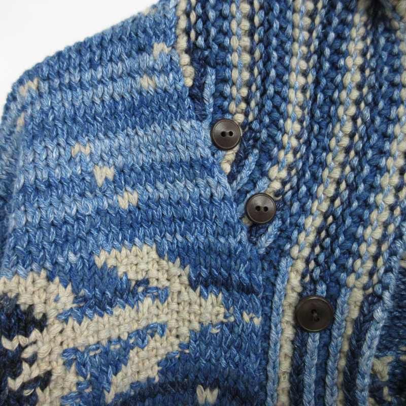 ダブルアールエル RRL RALPH LAUREN ラルフローレン 極美品 HAND KNIT CARDIGAN ハンドニット カーディガン  ネイティブ柄 ショールカラー カウチン 青 ブルー Lサイズ 0910