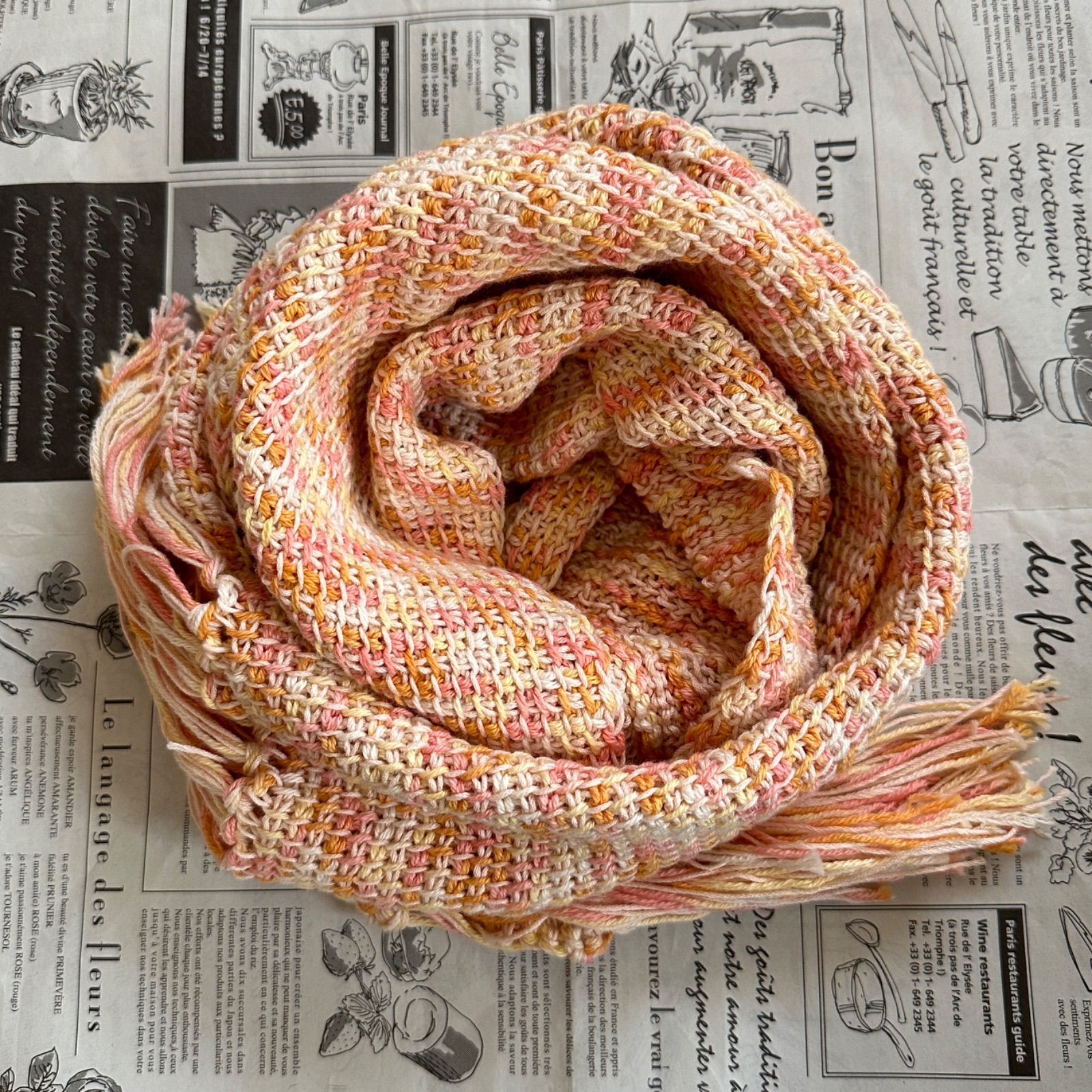 アフガン編みのコットンマフラー