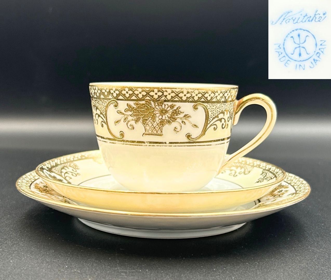 ノリタケ トリオ カップ ソーサー プレート マルキ印 里帰り アンティーク 金盛り 花かご文 大正末期 1920年代 F036 USTAUSTRALIA_COM_AU
