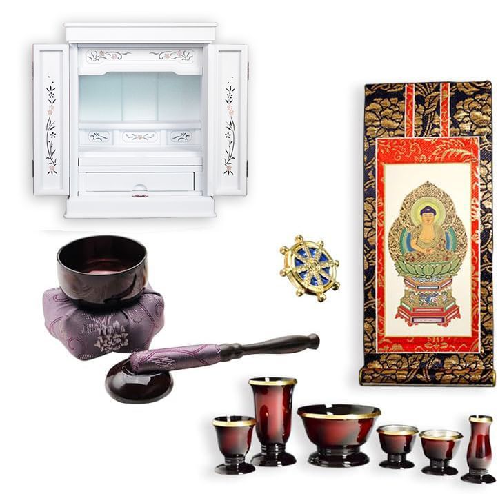 ホワイト色 仏壇付仏壇 伝統型仏壇 天然貝 螺鈿細工 和モダン 花夕 はなゆう 16号 仏具一式 小型仏壇 家具調仏壇 上置き仏壇