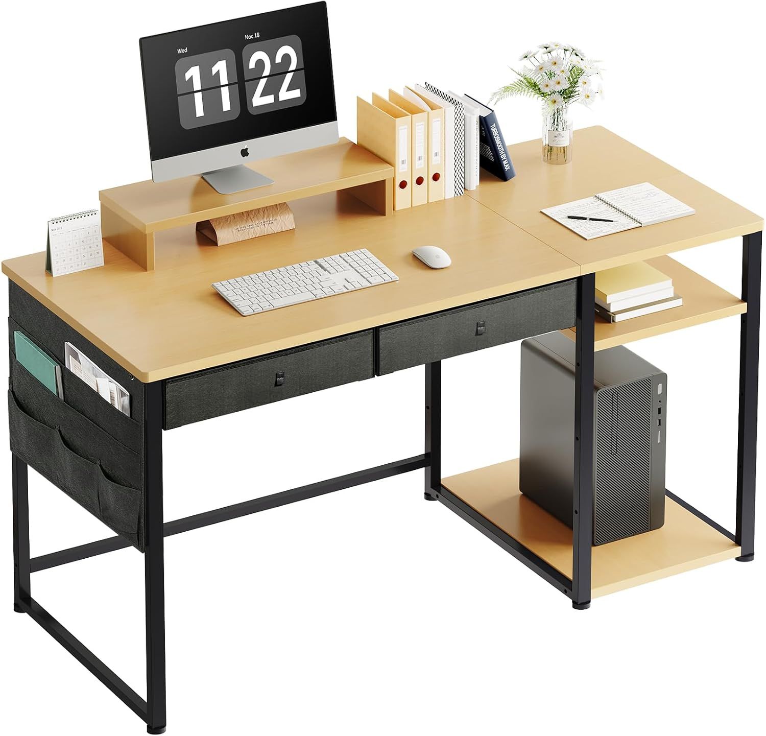 YeTom デスク 机 pcデスク つくえ 作業机 学習机 勉強机 幅140cm×奥行60cm ワーキングデスク computer desk 桌子 事務机 电脑桌 ラック付きデスク パソコンテーブル 引き出し付きデスク オフィスデス