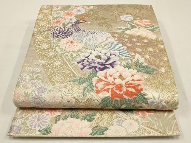 平和屋着物▽六通柄袋帯 唐織 孔雀草花文 金糸 正絹 逸品