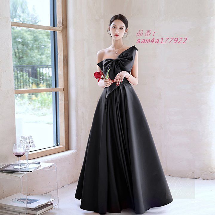 ワンピース ドレス イブニングドレス ビッグリボン ロング丈 レディース 春夏 セレモニー 体型カバー 細見え 結婚式 きれいめ 秋冬 ワンショルダー am4a177922