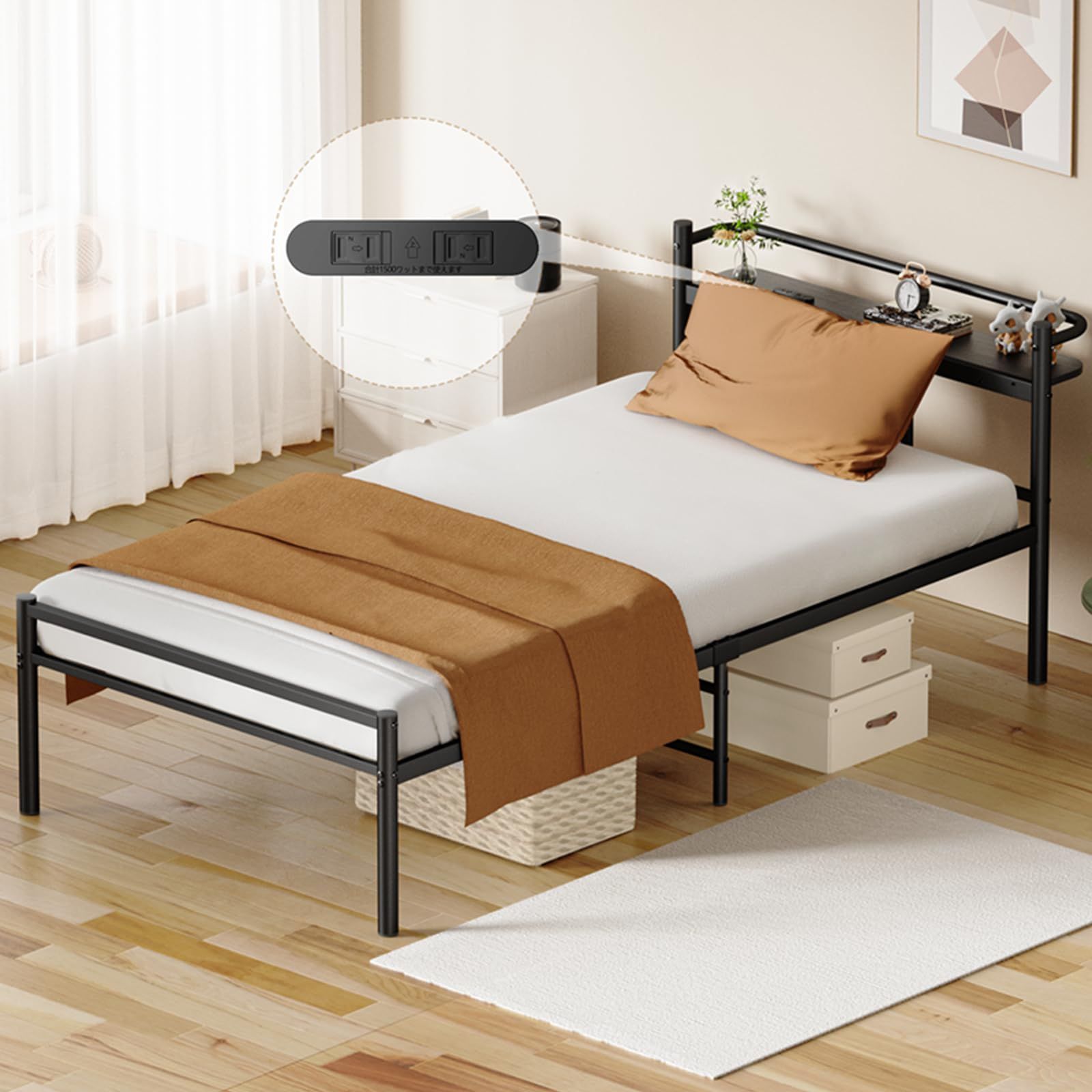 耐荷重300Kg・2口コンセント】ベッドフレーム シングル コンセント付き