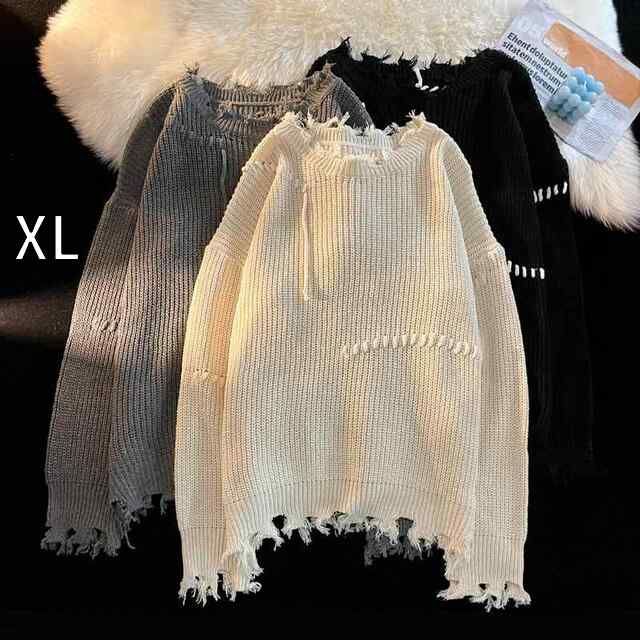 XL 春 コーデ メンズ 用 服 シンプル ファッション オシャレ 大人 かっこいい 大きいサイズ ストリート 紳士服 ステッチ ダメージ加工 ラウンドネック ゆったり 暖かい ニット セーター レディース