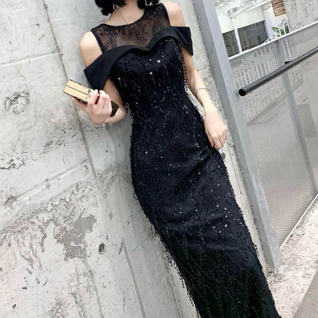 花柄レースにスパンコールが美しい オフショルイブニングドレス 花柄レースにスパンコールが美しい オフショルイブニングドレス