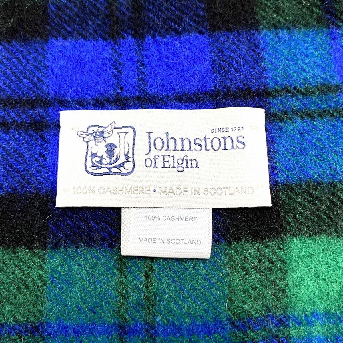johnstons of elgin(ジョンストンズ) マフラー美品 - グリーン×ネイビー×黒 チェック柄 カシミヤ