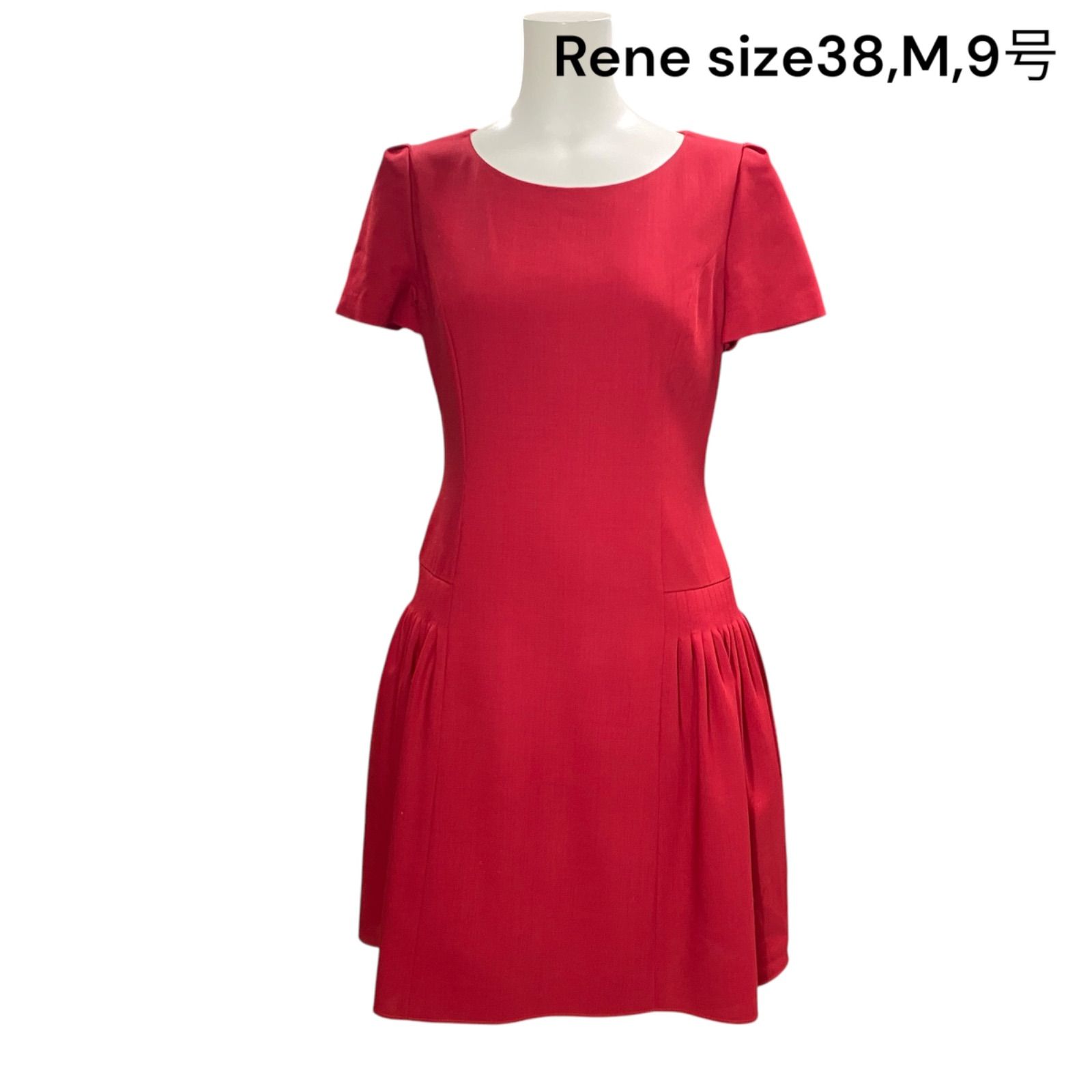 美品 ルネ Rene 38、M、9号 ワンピース Aライン ワンピ 半袖 膝丈 赤