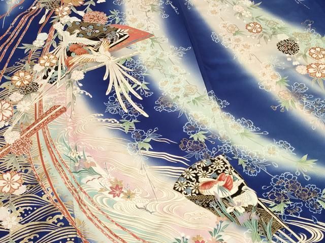 平和屋着物□豪華振袖 駒刺繍 扇面鳳凰花文 暈し染め 金彩 正絹