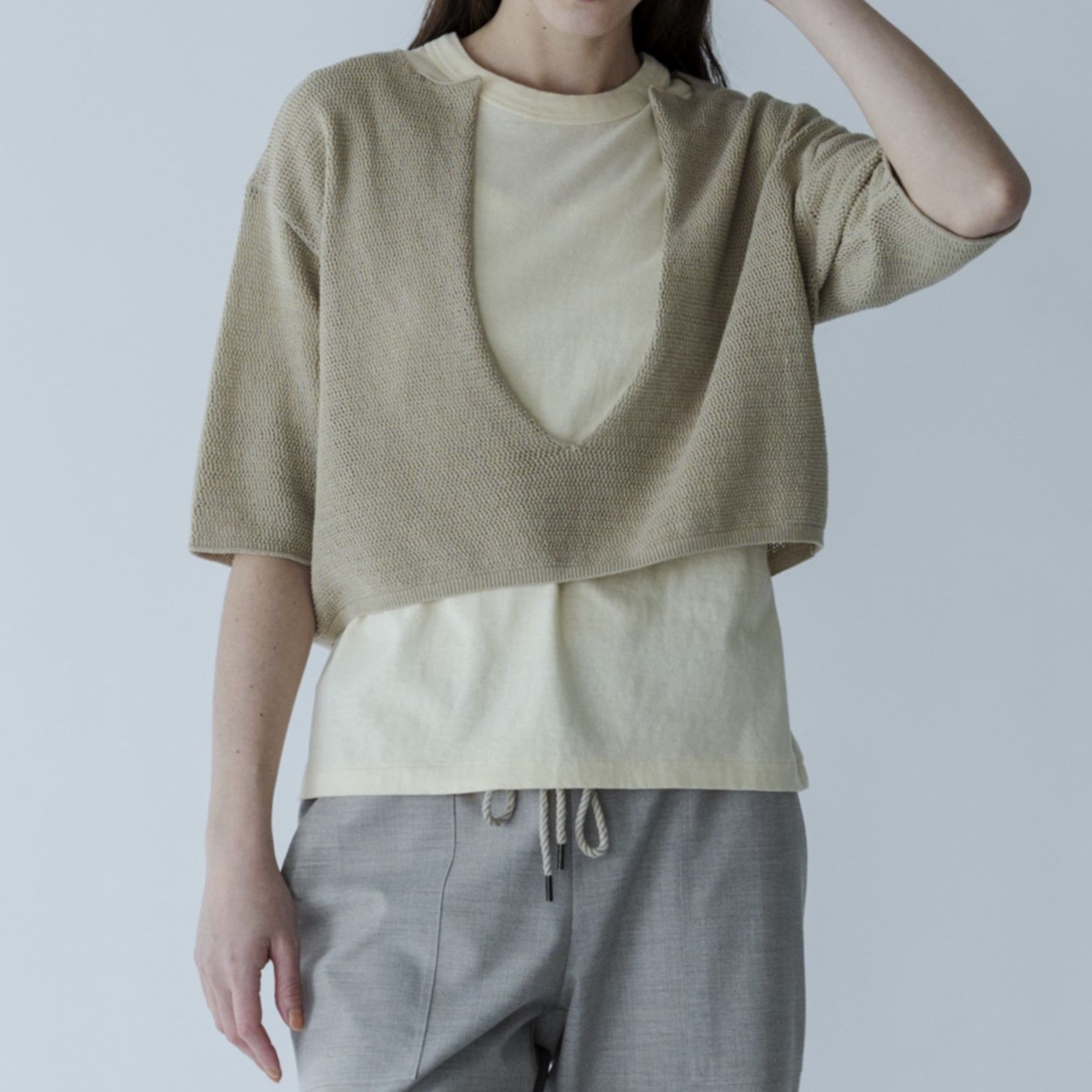 MEYAME メヤメ LONG SLIT HALF-SLEEVE KNIT BEIGE ロング スリット ハーフ スリーブ ニット
