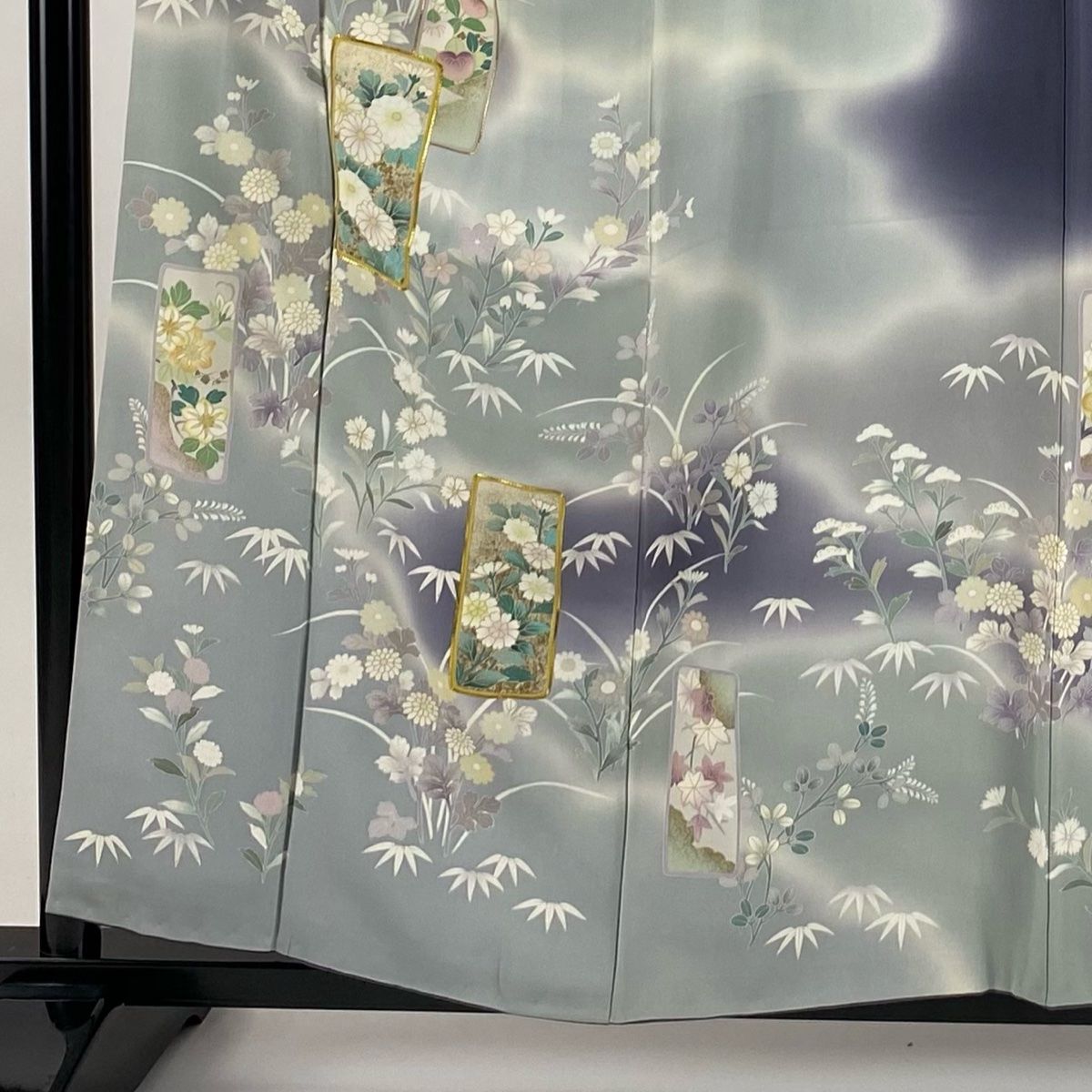 訪問着 身丈158.5cm 裄丈65cm M 袷 背抜き 短冊 草花 金糸 金彩 灰紫 正絹 秀品