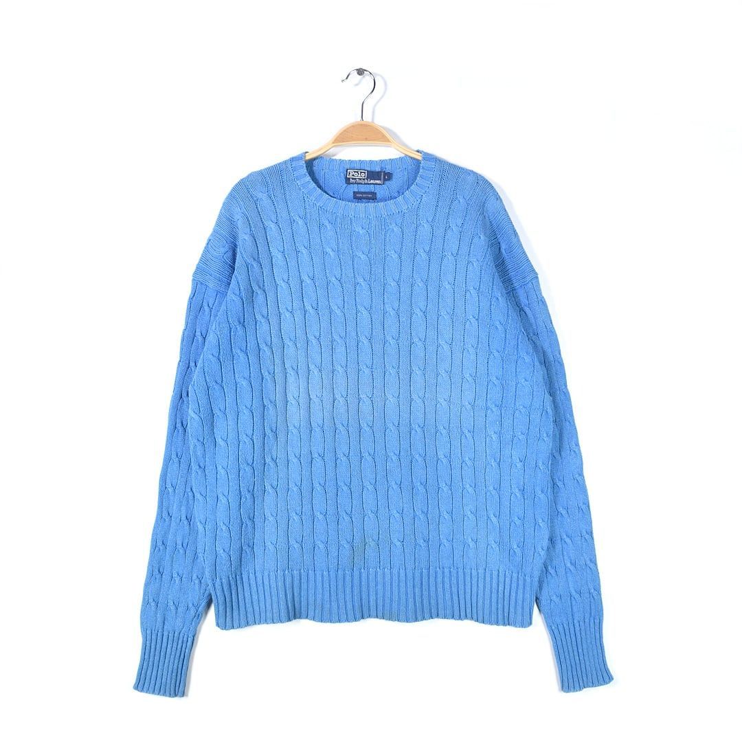 ラルフローレン ケーブル編み コットンセーター クルーネック ワンポイントポニー無し コットンニット ブルー RALPH LAUREN  メンズL 古着 @CH1077
