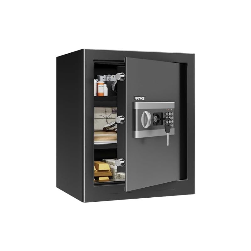 NATRKE 金庫 家庭用金庫 テンキー式 電子 防犯 緊急キー付き 家庭用 店舗用 保管庫 業務用 警報アラーム付き A4ファイル対応 床 壁に固定 日本語取扱説明書付き 43L 0
