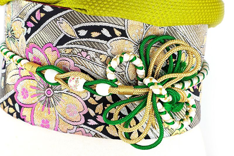 帯締め 飾り紐 振袖用 正絹 成人式 転写玉 緑 白 金 ピンク オフ