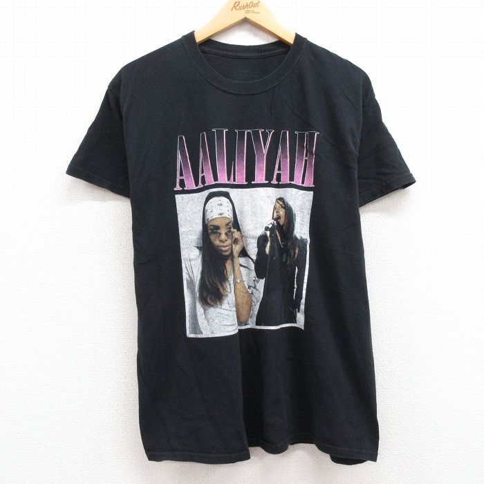 L/古着 半袖 ヒップホップ ラップ Tシャツ メンズ アリーヤ コットン クルーネック 黒 ブラック 24aug23 中古