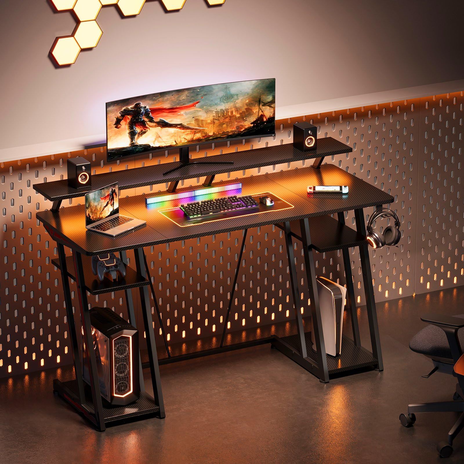ゲーミングデスク PCデスク ゲームデスク 幅135cm 机 pcデスク パソコンデスク炭素繊維天板 Z字脚 モニター台付き オフィスデスク 二つ収納ラック2段付き 台下区分収納対応 黒い
