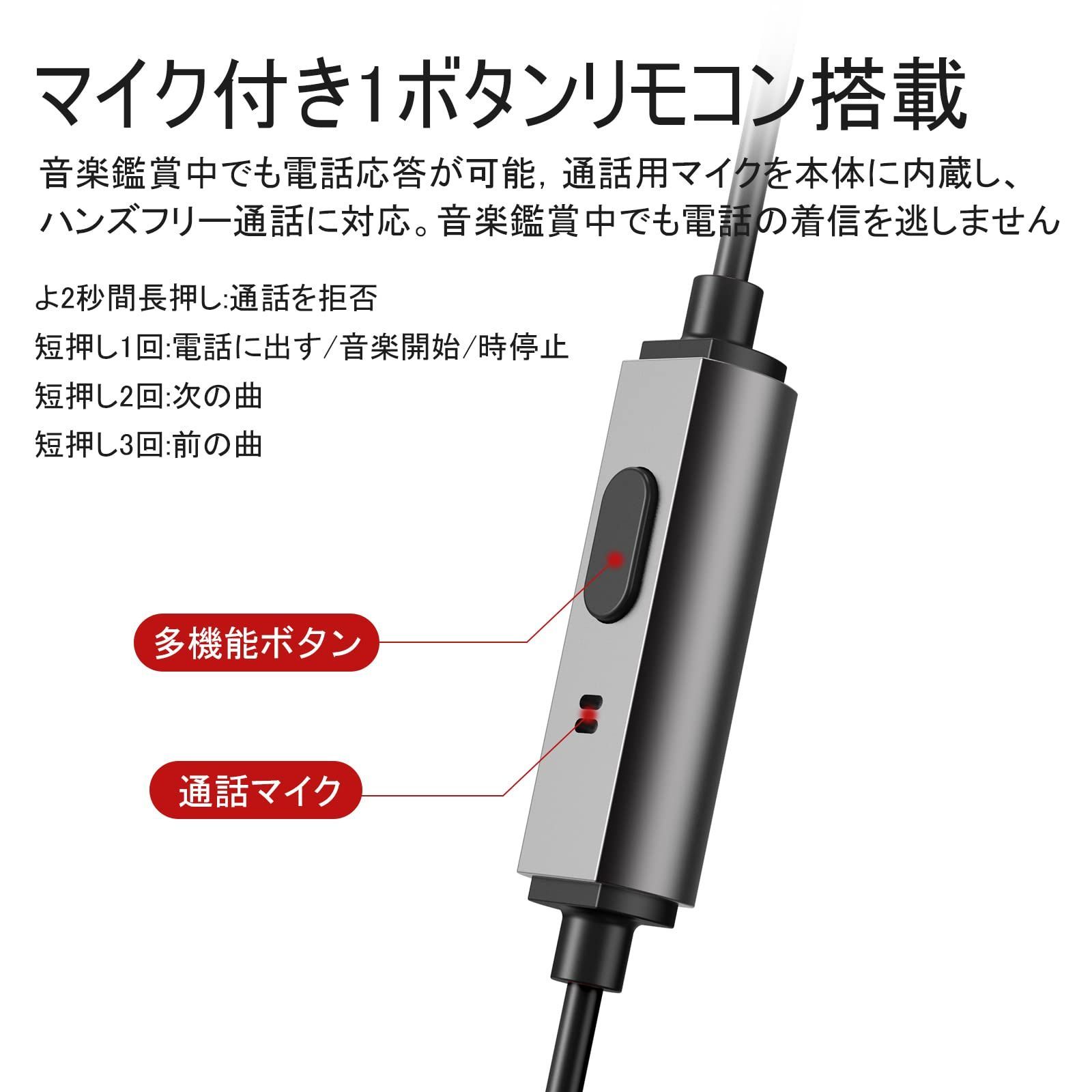 有線イヤホン マイク付き 3.5mmジャック iPhone 多機能ボタン付き