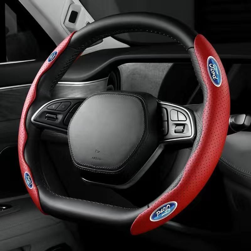 フォード FORDレッドハンドルカバー ハンドル保護 専車ロゴ ステアリングカバー レザー 滑り止め D型 O型 分割 タイプ 2本セット aacn qtm
