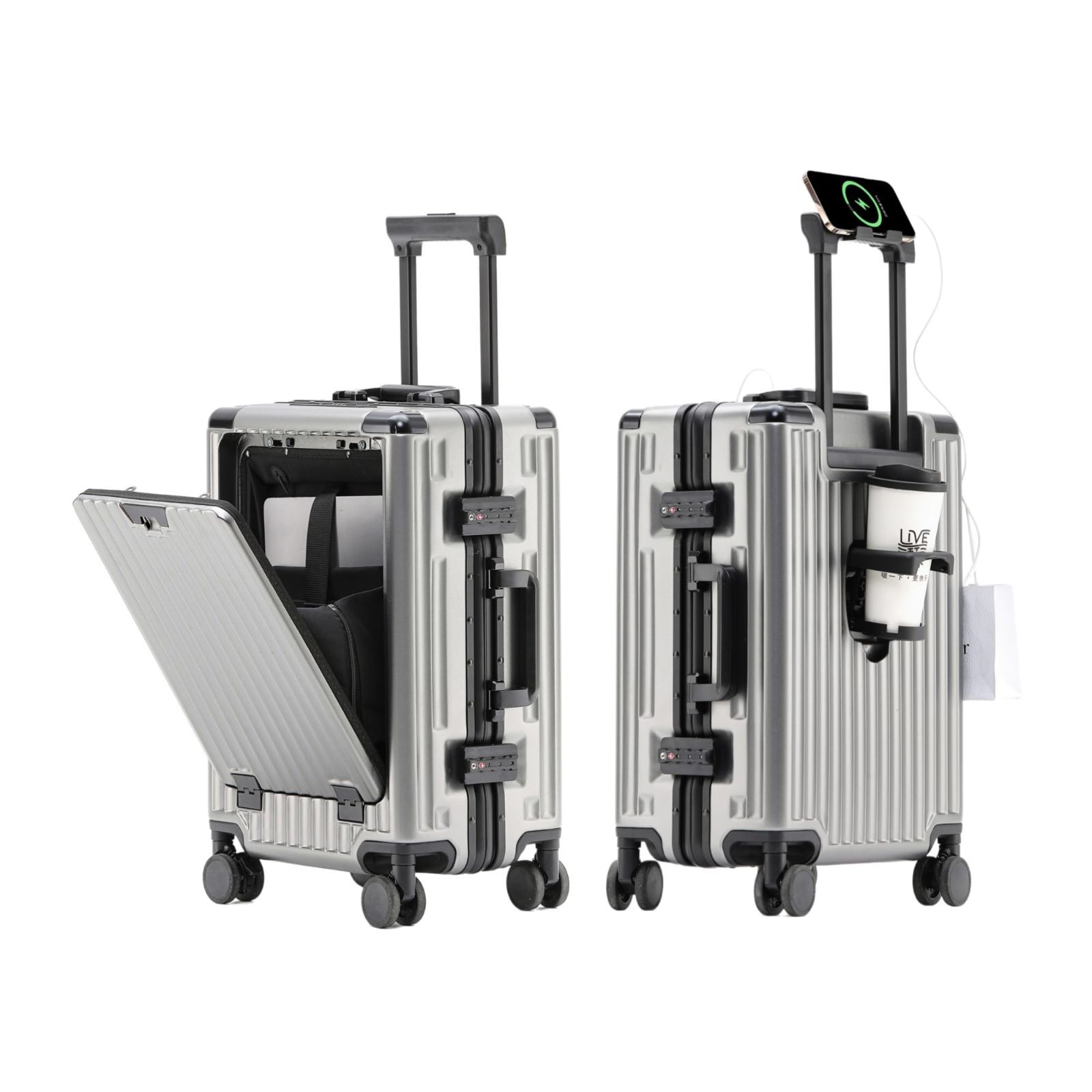 Lサイズ78L 6泊 ビジネス 旅行出張 26 静音ダブルキャスター ハード アルミフレームタイプ 耐衝撃 イン usbポート付き 充電機能 スマホホルダー付き トロリースーツケース パソコン収納ポケット カップホルダー付き トップオープン チ ブラック キャ