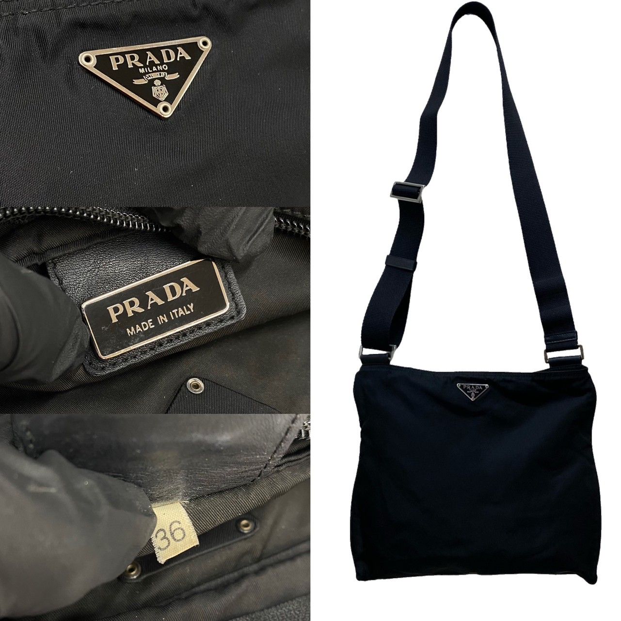 極 美品 PRADA プラダ 三角ロゴ 金具 レザー 本革 ナイロン ミニ